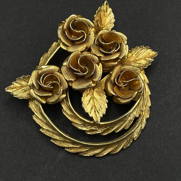 Vintage Coro Signed Rose Flower Brooch Shiny Gold-Tone Pin Jewelry Bling Texture - Picture 2 of 10